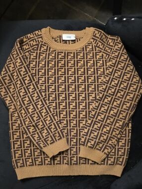 Fendi Kid’s Crewneck Logo Jacquard Sweater in Brown